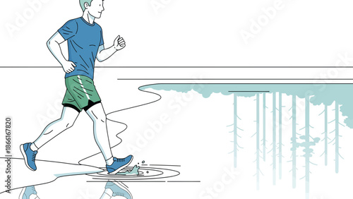 Man Jogging Through Puddle Outdoors Near Trees in Minimalist Vector Art