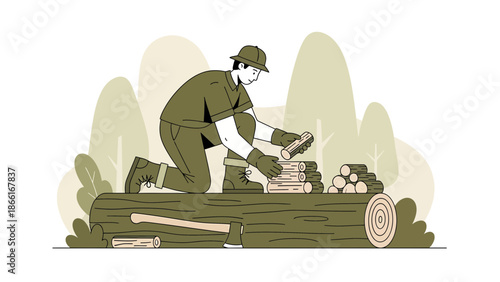 Man Kneeling on Log Stacking Firewood in Woodland Setting Flat Vector