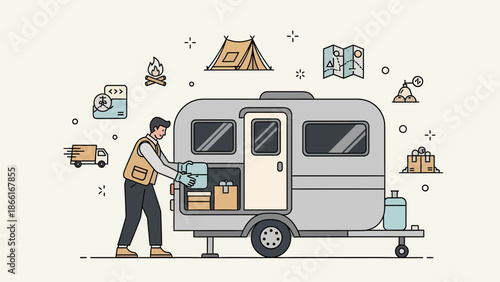 Man Loading Camping Trailer With Essentials For Travel And Recreation Holiday