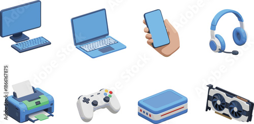 Isometric electronic devices set illustration, computer, laptop, smartphone, headset, printer, game controller, hardware icons, modern technology concept design, flat, vector