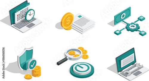 Isometric financial management illustration, business accounting, online banking, money analysis, secure transactions, workflow optimization, digital finance, investment planning, technology concept