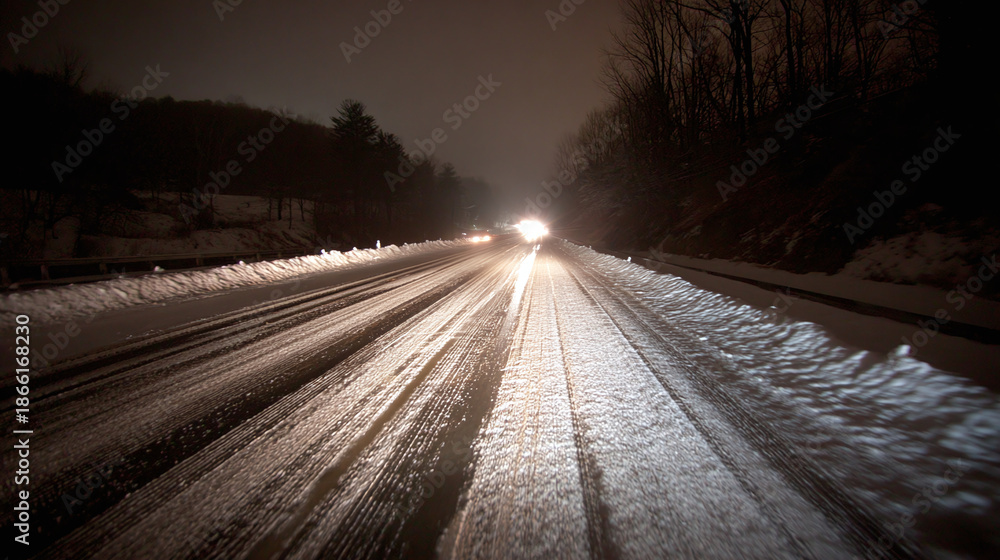 Obraz premium A snow-covered road at night is illuminated by the headlights of oncoming vehicles, adding a touch of magic to the quiet winter landscape.