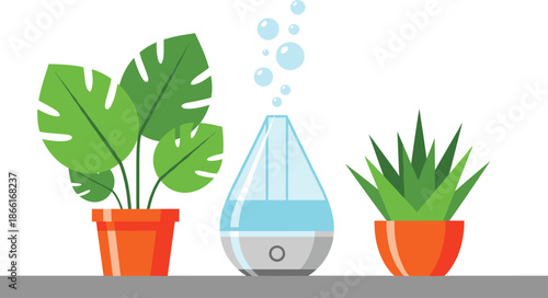 Home humidifier with indoor potted plants vector illustration modern air moisture and houseplant decor concept isolated