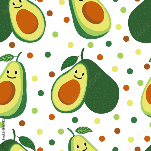Vector seamless pattern with funny avocados on a polka dot background