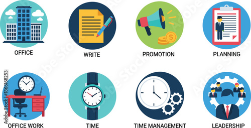 Office business icons set illustration, planning promotion leadership, time management, workplace productivity, corporate strategy, flat design, modern workflow, concept, vector