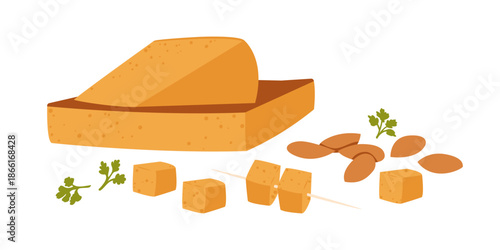 Cheese pieces isolated on a white background. Tasty aged cheddar cubes with almonds and greens. Vector illustration breakfast snack.