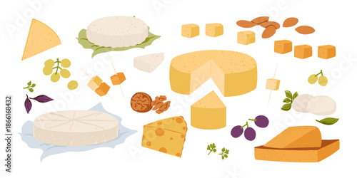 Cheese set dairy product and snacks. Flat design vector illustration on white.
