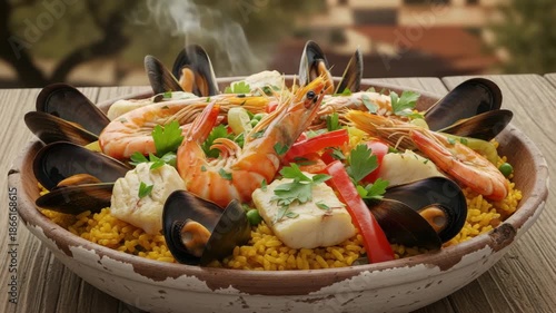 Spanish Paella: Steaming Bowl of Saffron Rice, Prawns, Mussels, and Cod Fish on a Wooden Table.