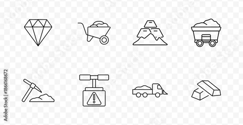 Mining and minerals set icon. Line icons showing diamond, wheelbarrow, gold bars, mining cart, pickaxe, weight scale, dump truck, and metal ingots