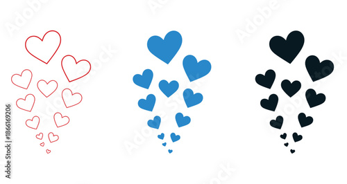Collection of floating heart shapes in red, blue, and black