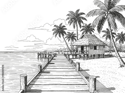 Black and White Tropical Beach Sketch with Palm Trees and Wooden Pier
