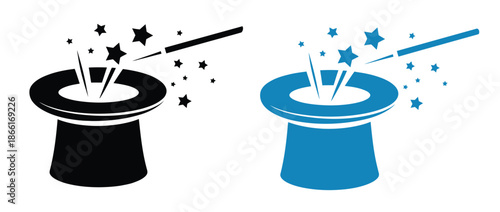 Magical top hats with sparkling stars and wands in black and blue