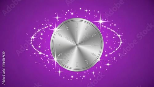 A silver clock surrounded by sparkling stars on a purple background with a sense of magic and wonder with fantasy and illustration and design