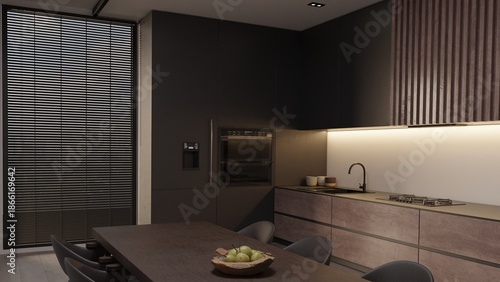 A modern dark kitchen features black cabinets, built-in appliances, and a dining table with fruit, illuminated by under-cabinet lighting near a window with blinds in a 3D interior design.