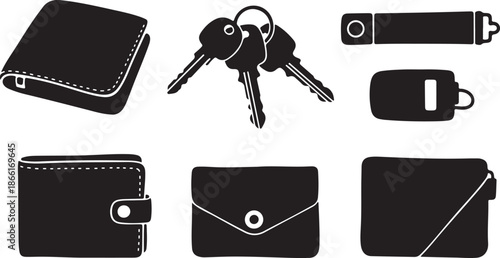 Collection of black leather wallets and keys on white