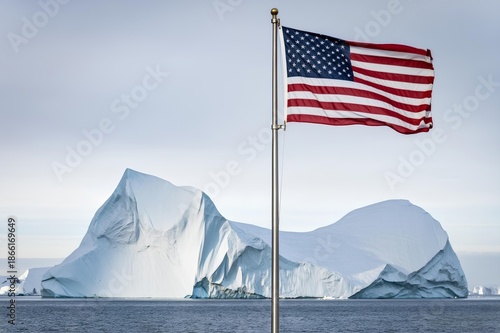 US Strategic Presence in the Arctic: American Flag and Iceberg in Greenland.A dramatic conceptual illustration featuring the United States flag set against a massive iceberg off the coast of Greenland
