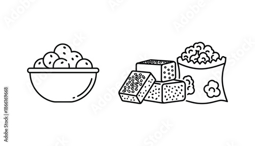 A bowl of potatoes and a selection of cheese and popcorn