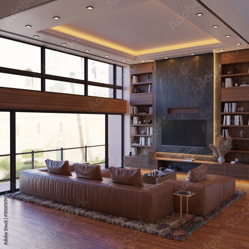 A modern living room features a large brown leather sofa facing a TV on a dark marble wall, flanked by wooden bookshelves near huge windows, rendered as a 3D interior design.
