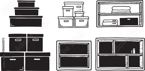Storage boxes and shelves in a simple line drawing style