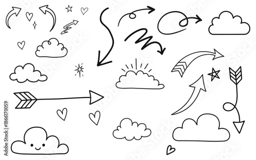 A collection of whimsical hand drawn cloud and weather icons with arrows and symbols