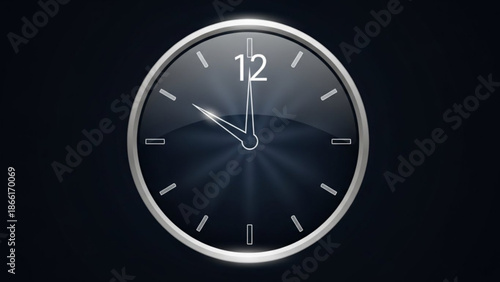 Modern silver clock with black face showing 7 o clock on dark background with dramatic lighting effect with time and design and hands and numbers
