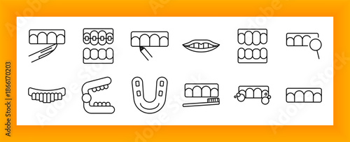 Dental care set icon. Teeth, braces, mouth, toothbrush, dentures, magnifier, molar layout, cleaning equipment, dental arch in outlined healthcare form.