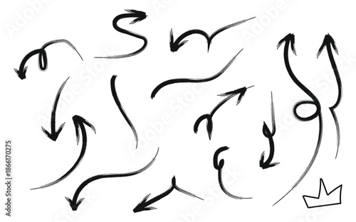 A complex arrangement of arrows on a plain white background with a small crown on transparent background png