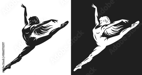 Ballet dance illustration showing a female dancer performing a high leap with extended legs and arms during a dance movement.