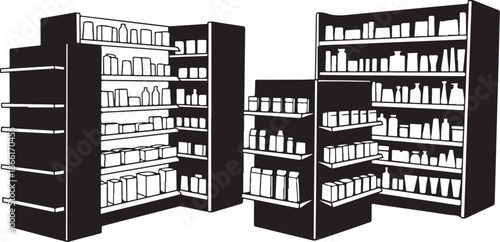 Black and white illustration of supermarket shelves with products