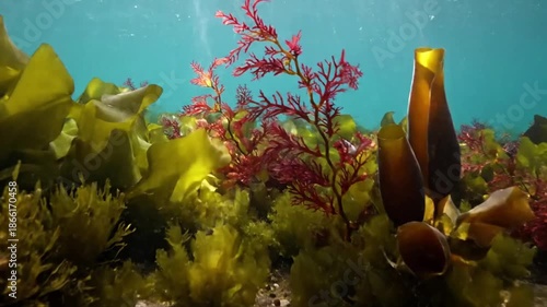 Dynamic shot of various types of marine algae, from delicate reds to robust browns, undulating gracefully in the rhythmic motion of clear ocean water.