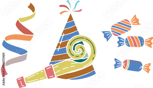 Candy and Party Popper Line Art Illustration