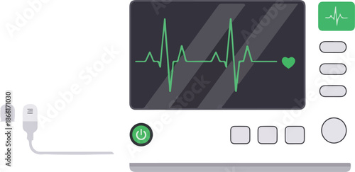 A medical monitor screen displays a digital pulse graph where the heartbeat trace artfully forms a heart symbol, merging healthcare technology with modern vector illustration design