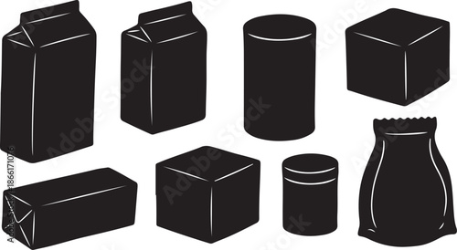Black and white illustration of various milk carton shapes