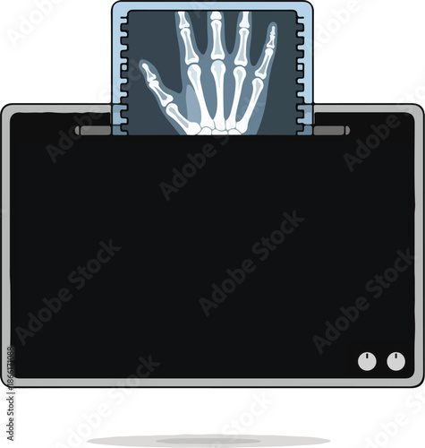 Vintage black and white photo frame with diamonds on a blue background featuring a blank computer monitor screen illustration and building vector design