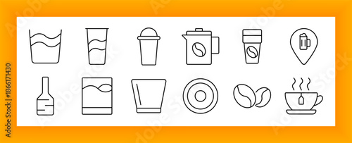 Coffee and drinkware set icon. Includes mugs, glass tumblers, coffee makers, beans, cups, straws, lids, and takeaway beverage symbols in different shapes.