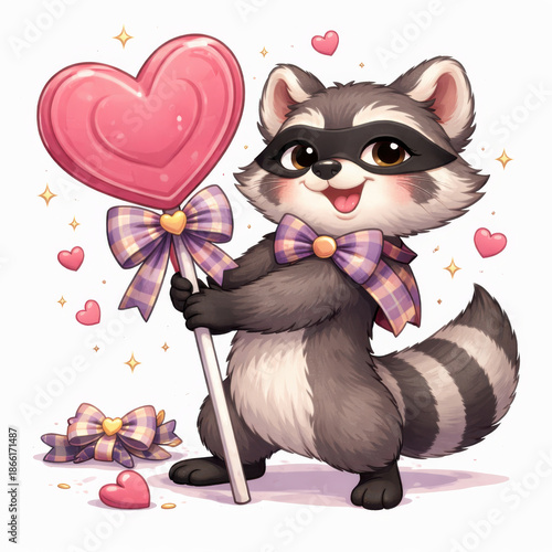 Happy raccoon holds a giant heart lollipop with a plaid bow, full of charm and sweetness. Great for Valentine's promos or candy shop branding.