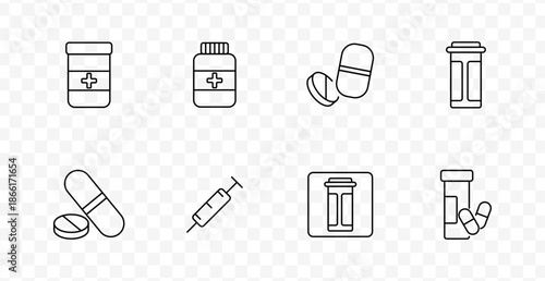 Pharmaceutical container set icon. Icons display pill bottles, open capsules, syringes, and cross symbols in linear style for medication and healthcare packaging.