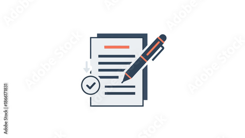 Document Signing and Approval Icon with Pen and Checkmark