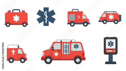 Emergency Medical Service Icons: Ambulance, First Aid Kit, Star of Life