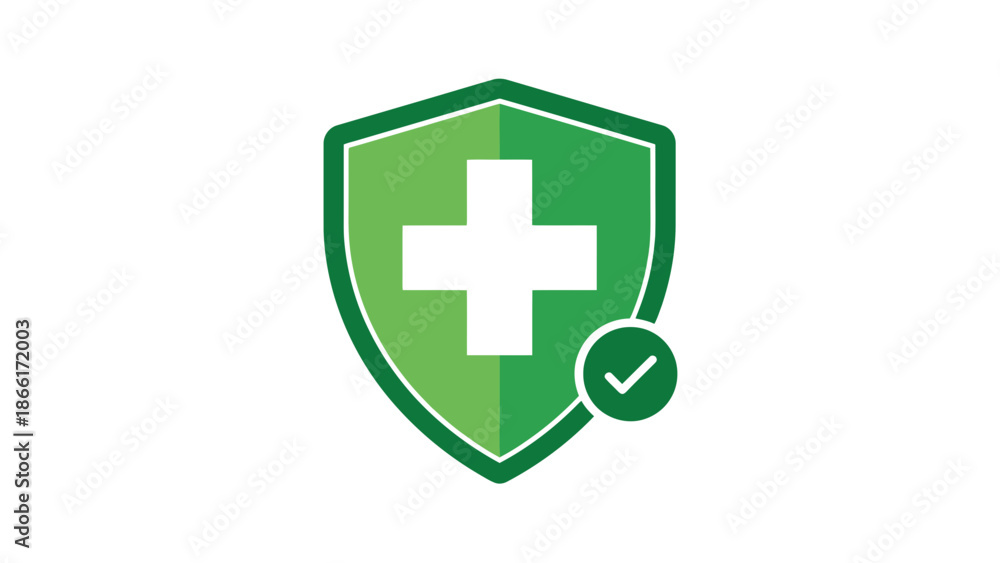 Fototapeta premium Green shield with white cross and checkmark, health protection and security icon