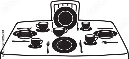 Formal Table Setting with Black and White Dinnerware Illustration