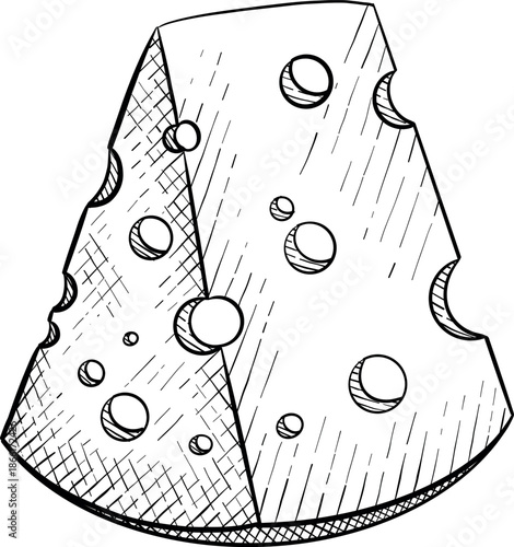 Collection of cheese, brie, camember, parmesan and blue cheese, European cheese assortment, slices, black ink engraving drawing, isolated, transparent. Wine bottle and glass, grape and fig