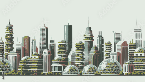 Futuristic cityscape with sustainable skyscrapers and green domes