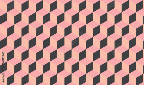 Seamless Isometric Cube Pattern Background – Soft Pink Peach Black Geometric 3D Illusion Texture, minimal geometric block cube isometric mosaic texture background.  