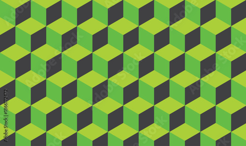 Seamless Isometric Cube Pattern Background – Vibrant Green Lime Black Geometric 3D Illusion Texture, minimal geometric block cube isometric mosaic texture background. 

