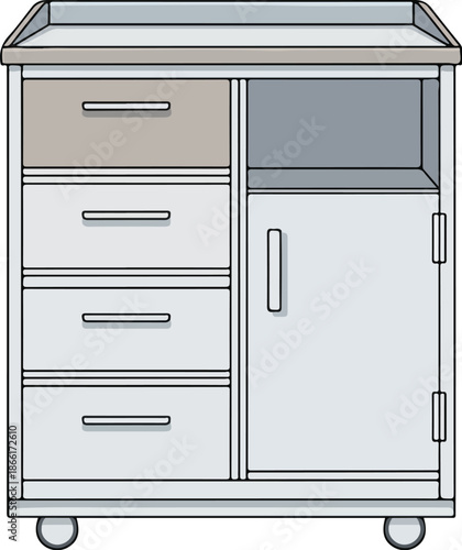 3D illustration of a set of kitchen and office furniture featuring metal filing cabinets and storage drawers for secure document data and archive folder information