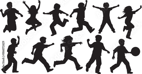 Silhouettes of children playing and running in various joyful poses