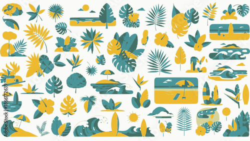 Vibrant tropical illustrations of leaves, waves, and sunny beach scenes