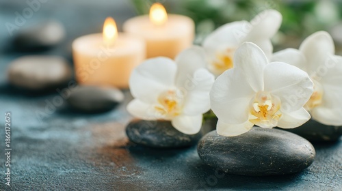 Elegant display of white orchids with candles and smooth stones on a blue table