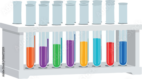 Scientific laboratory glass test tubes filled with colorful chemical liquid for medical research and chemistry experiments isolated on white